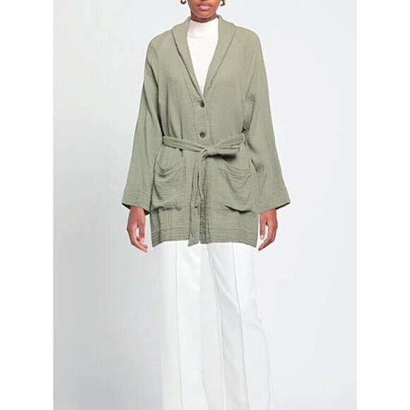RAQUEL ALLEGRA Jackets & Blazers - Raquel Allegra Jacket S Green Gauze Blazer Shawl Collar Lagenlook Kimono Cotton